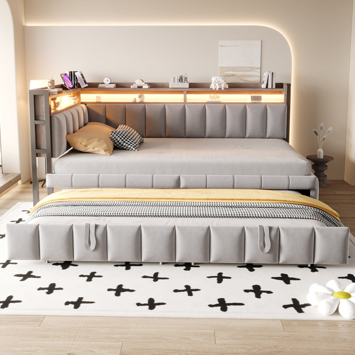Upholstered Sofa Bed 90x200cm Pull-out LED Storage USB/Type-C Light Grey Velvet