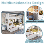 Children's Bunk Bed Multifunctional Double Bed with Desk, Shelf, 2 Drawers, Solid Wood White