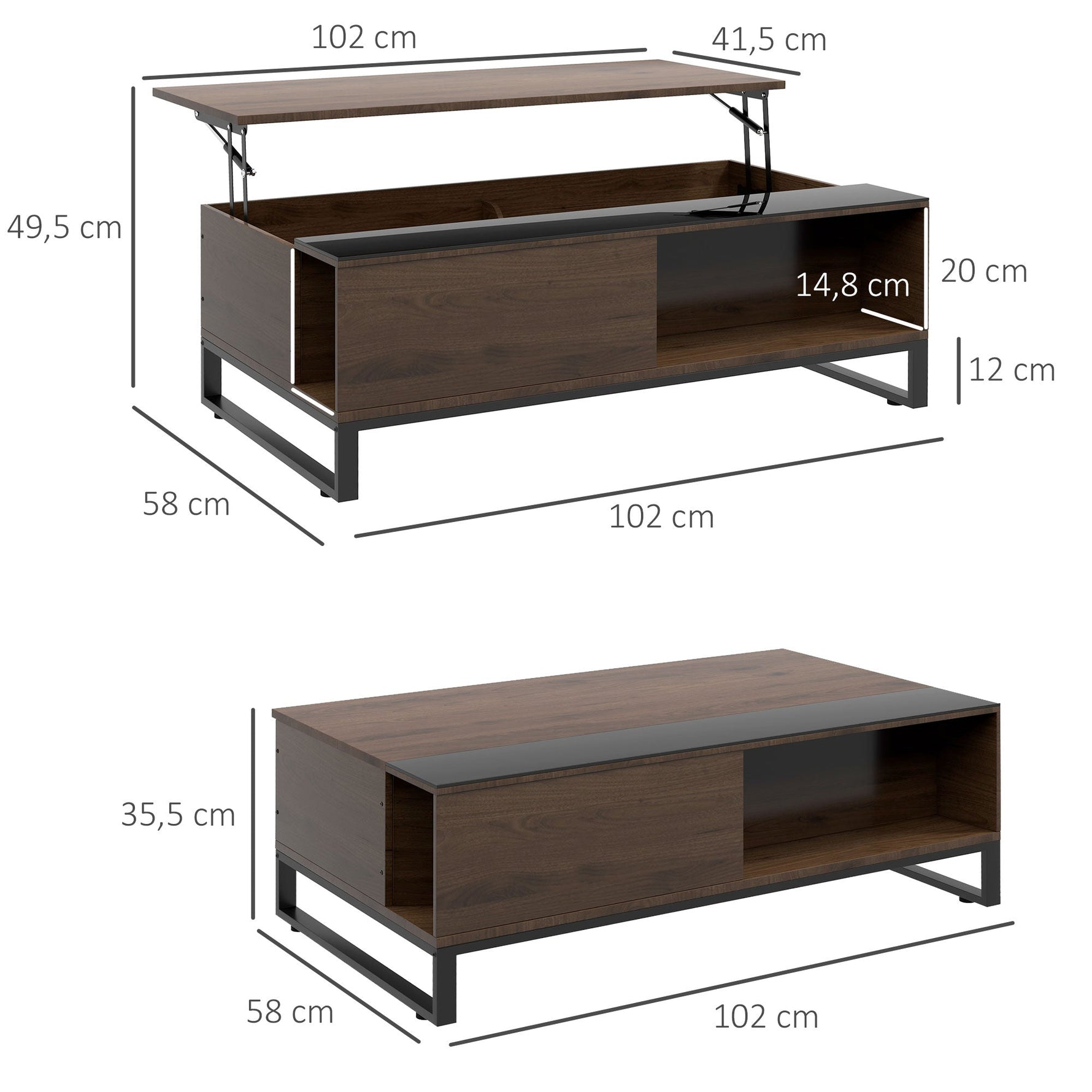 Coffee Table with Lifting Function & Storage, Steel in Walnut Black