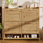 Shoe Cabinet Modern 4 Door Wooden Slat Metal Frame - 108.5x24x100cm