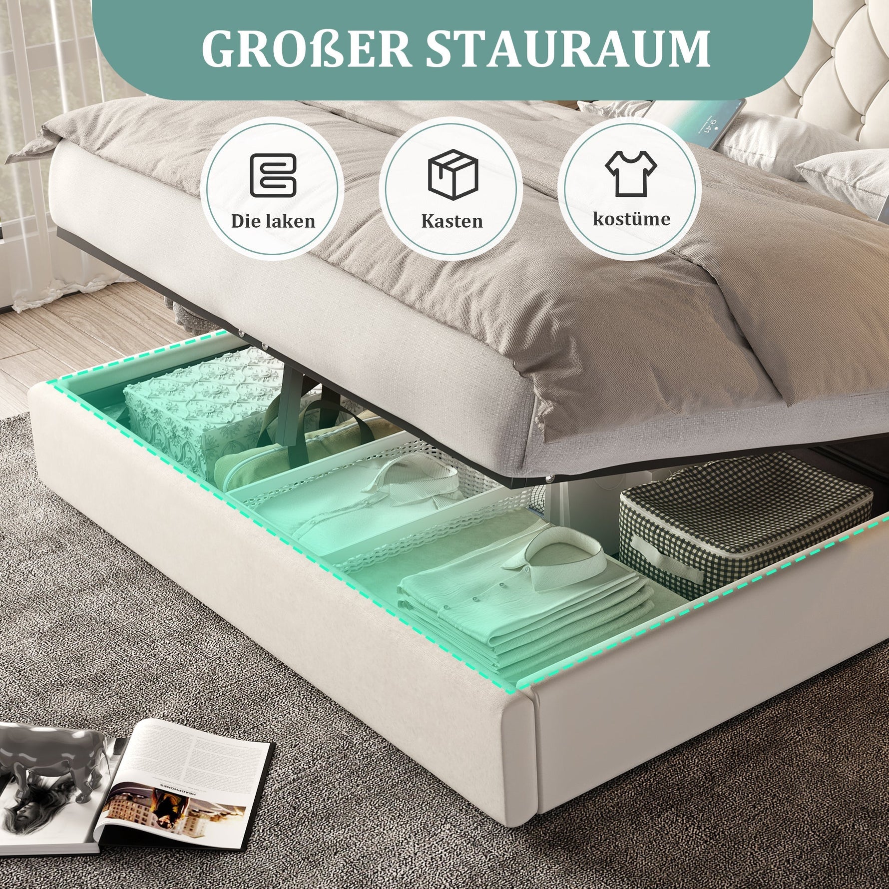 Bed Frame 160x200cm Hydraulic Storage Long Headboard USB Desk Lamp - Velvet Beige