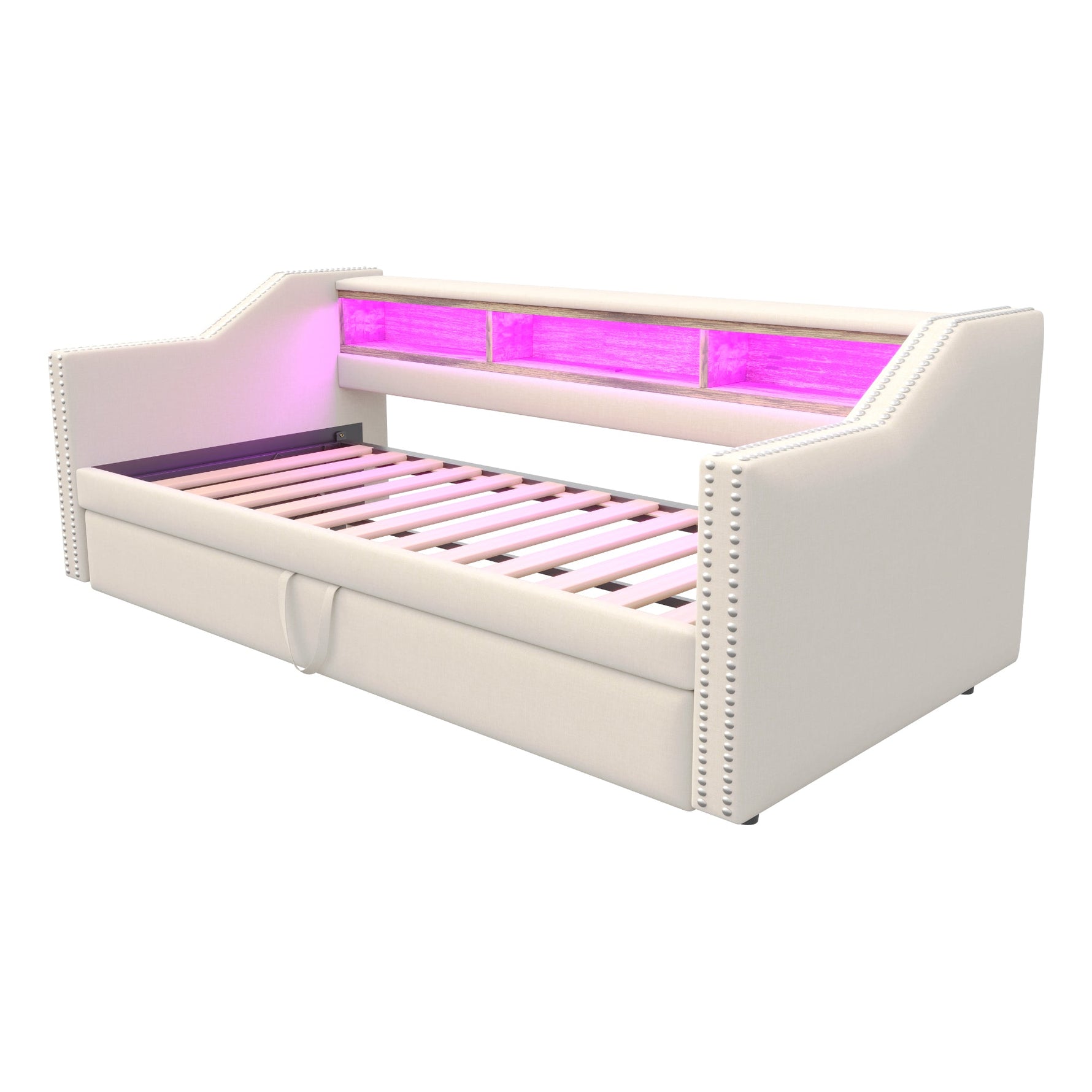 Upholstered Bed Extendable Sofa Bed 90/180 x 190 cm, Storage, LED, USB, Slatted Frame, Beige