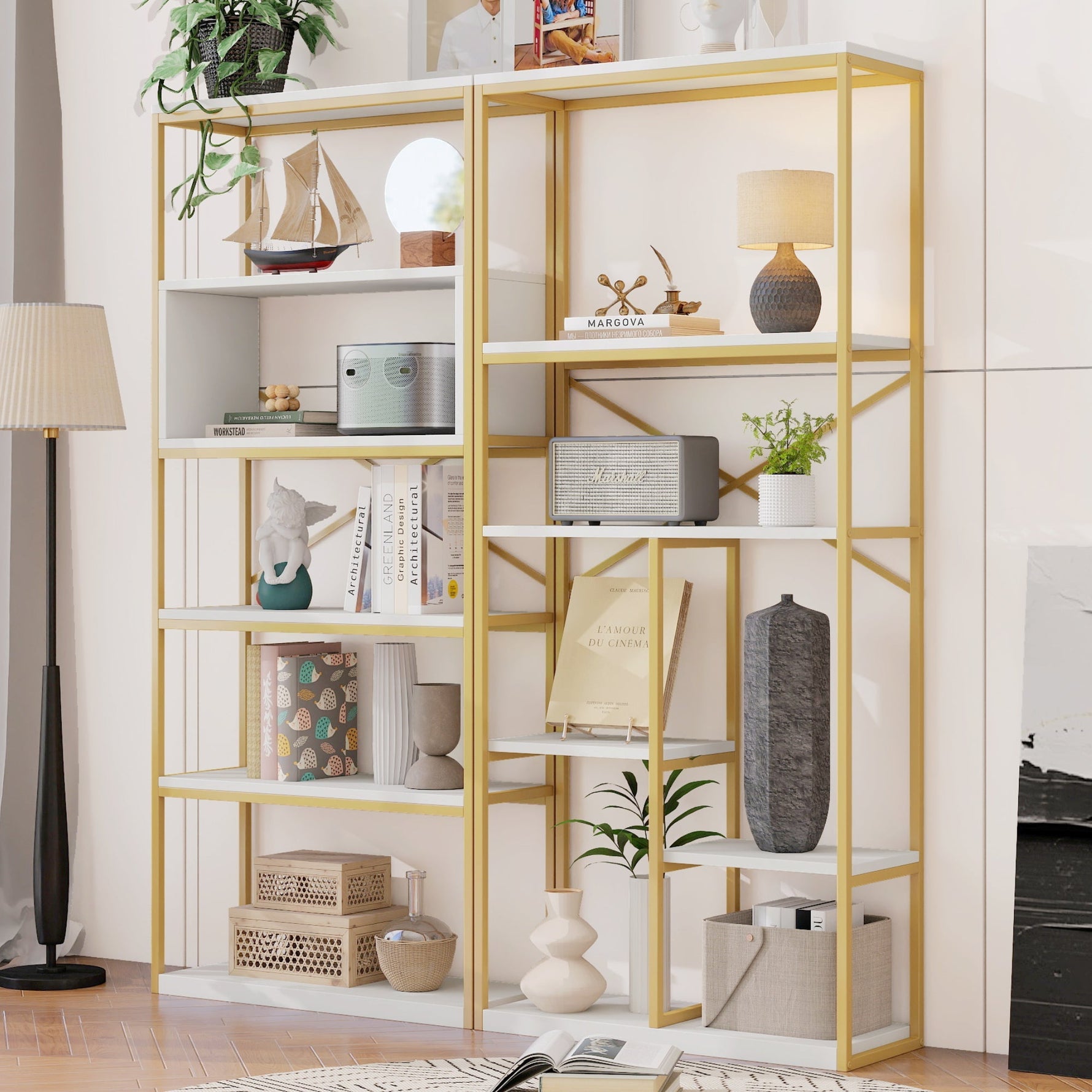 Modern Minimalist Shelf with Multi-Tier Storage and Steel Frame, Gold and White