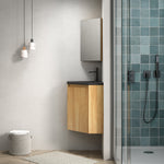 Wall-Mounted Corner Bathroom Vanity Unit with Matte Black Resin Basin, Natural Wood Grain