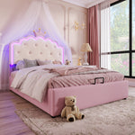 Upholstered Bed with LED Lighting and Hydraulic Storage, 140 x 200 cm, Pink PU
