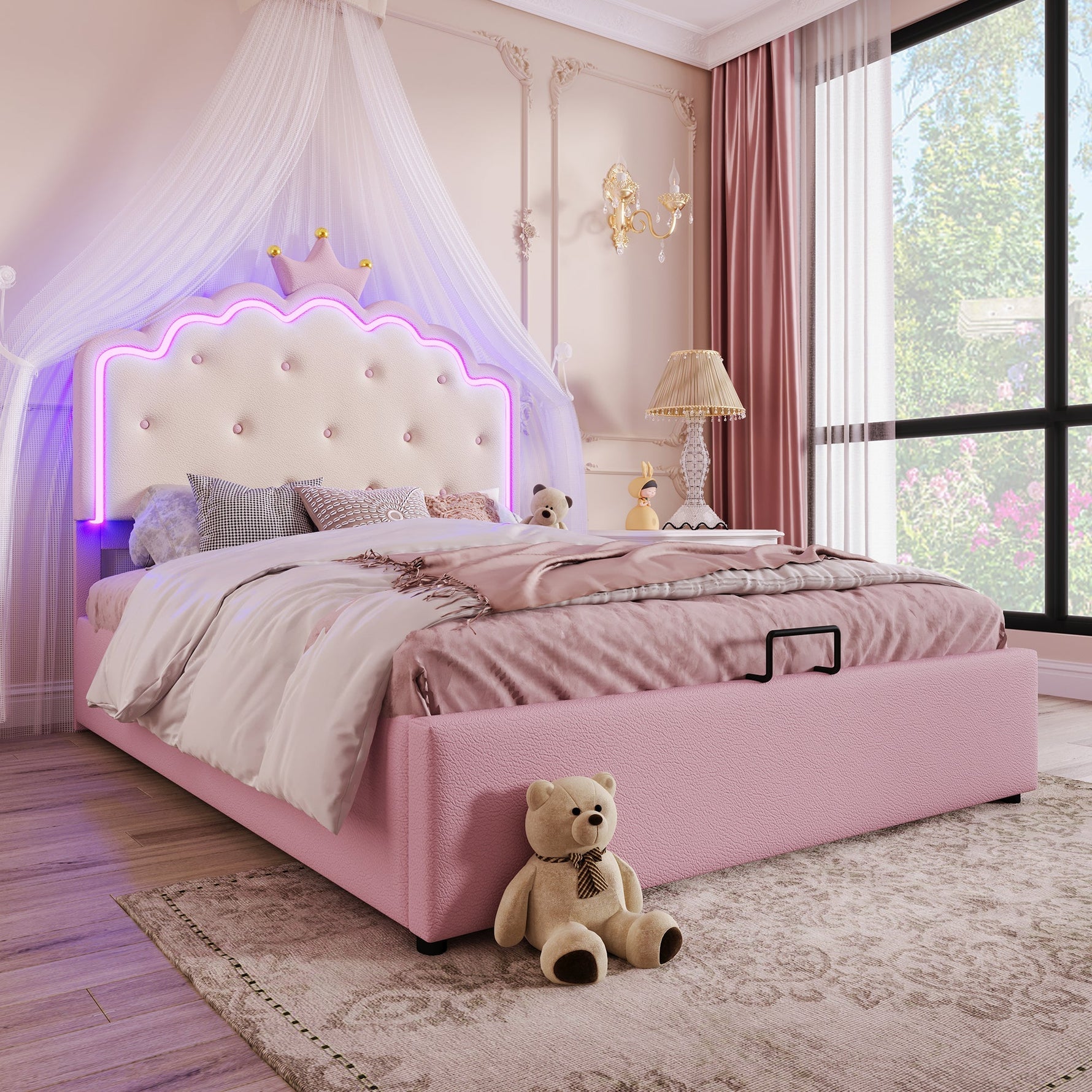 Upholstered Bed with LED Lighting and Hydraulic Storage, 140 x 200 cm, Pink PU