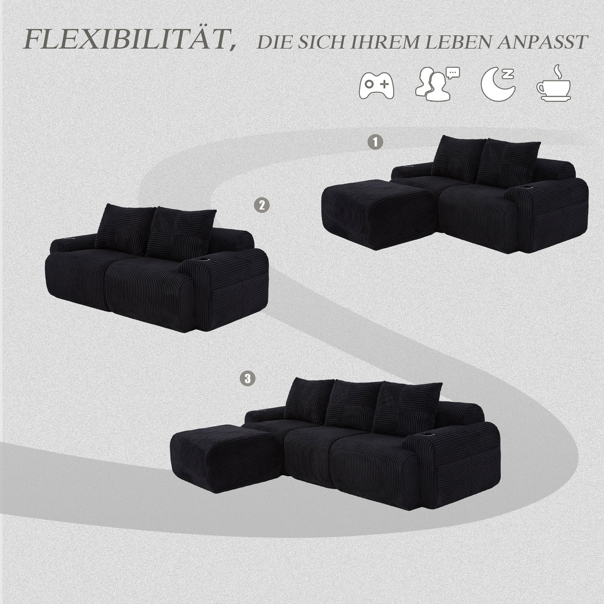 3-Seater Modular Sofa with Ottomans, Cup Holders and Storage, Black Corduroy