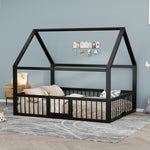 Metal Bed Frame 140x200 cm with House Trim & Railing, Black