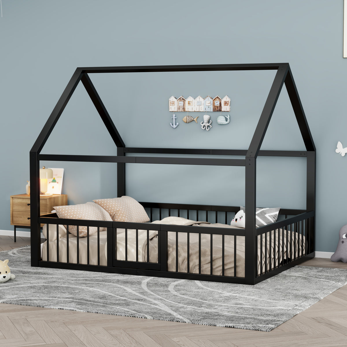 Metal Bed Frame 140x200 cm with House Trim & Railing, Black