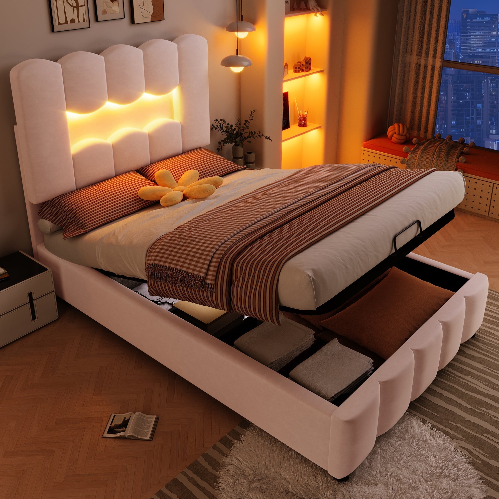 Upholstered Bed 90x200cm Hydraulic LED Adjustable Headboard, Velvet Pink