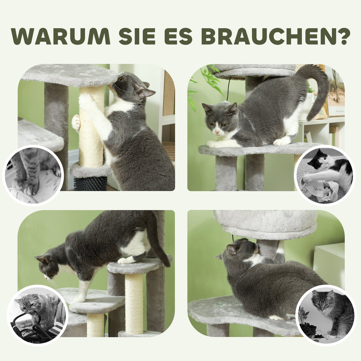 Cat Tree 87 cm, Cave Bed Scratching Post, Light Grey