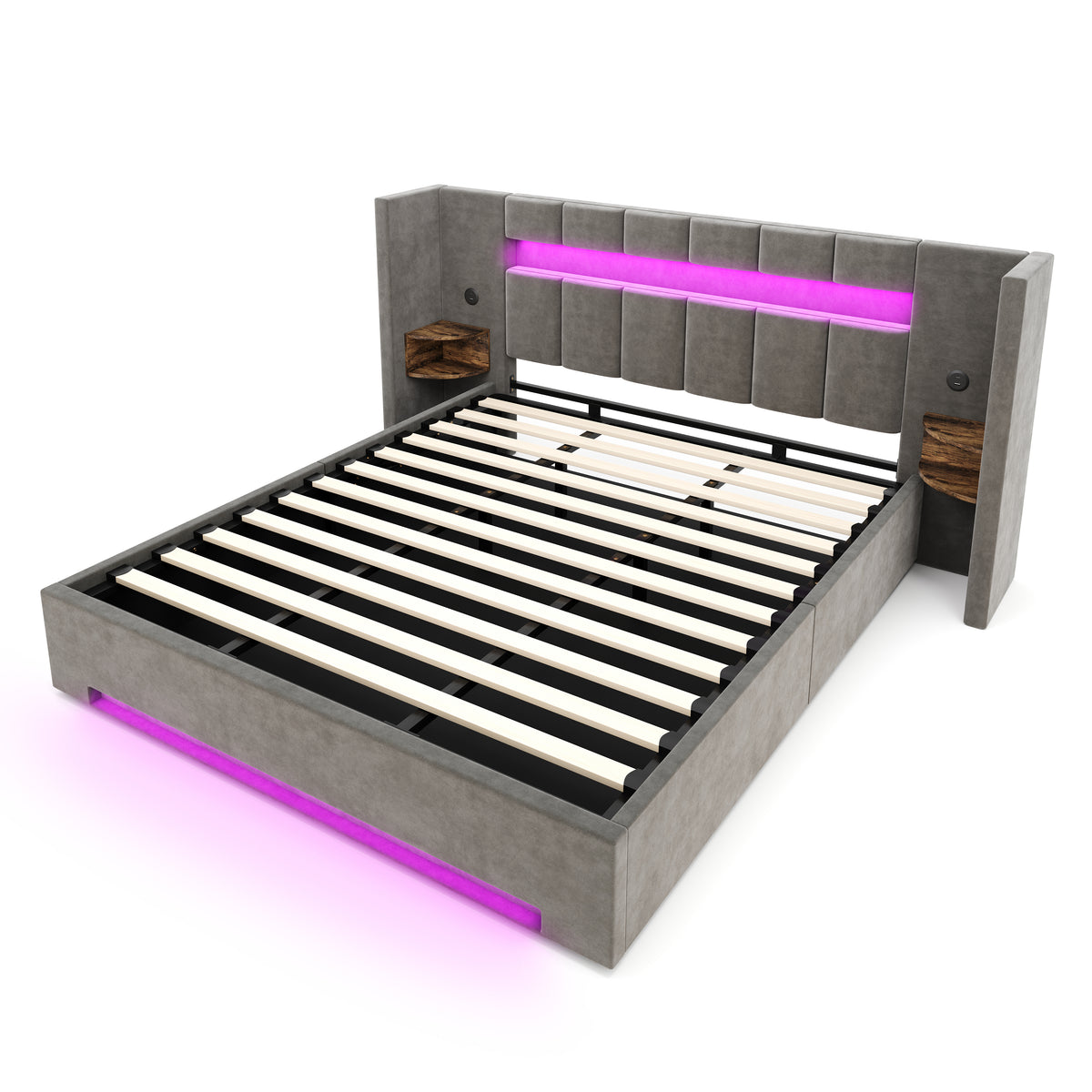 Multifunctional Bed Frame 180x200cm with Storage & LED, Velvet