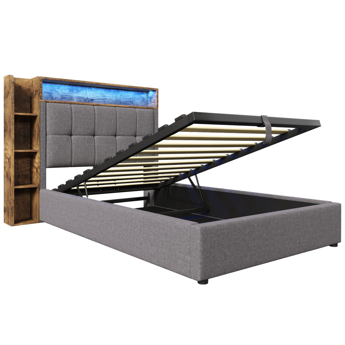 Upholstered Bed 90x200cm Storage LED USB/Type-C App Control - Linen Grey