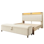 Wooden Bed 160x200cm with Bench, Storage Headboard & LED, Light Oak