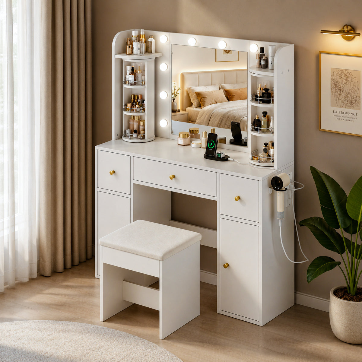 LED Vanity Table with Mirror & Storage Drawers, White