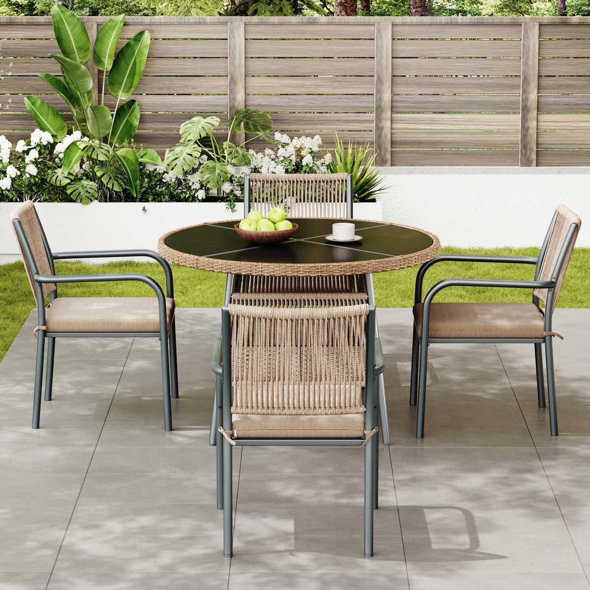 Modern Garden Furniture Set with Round Table & 4 Chairs, Rattan
