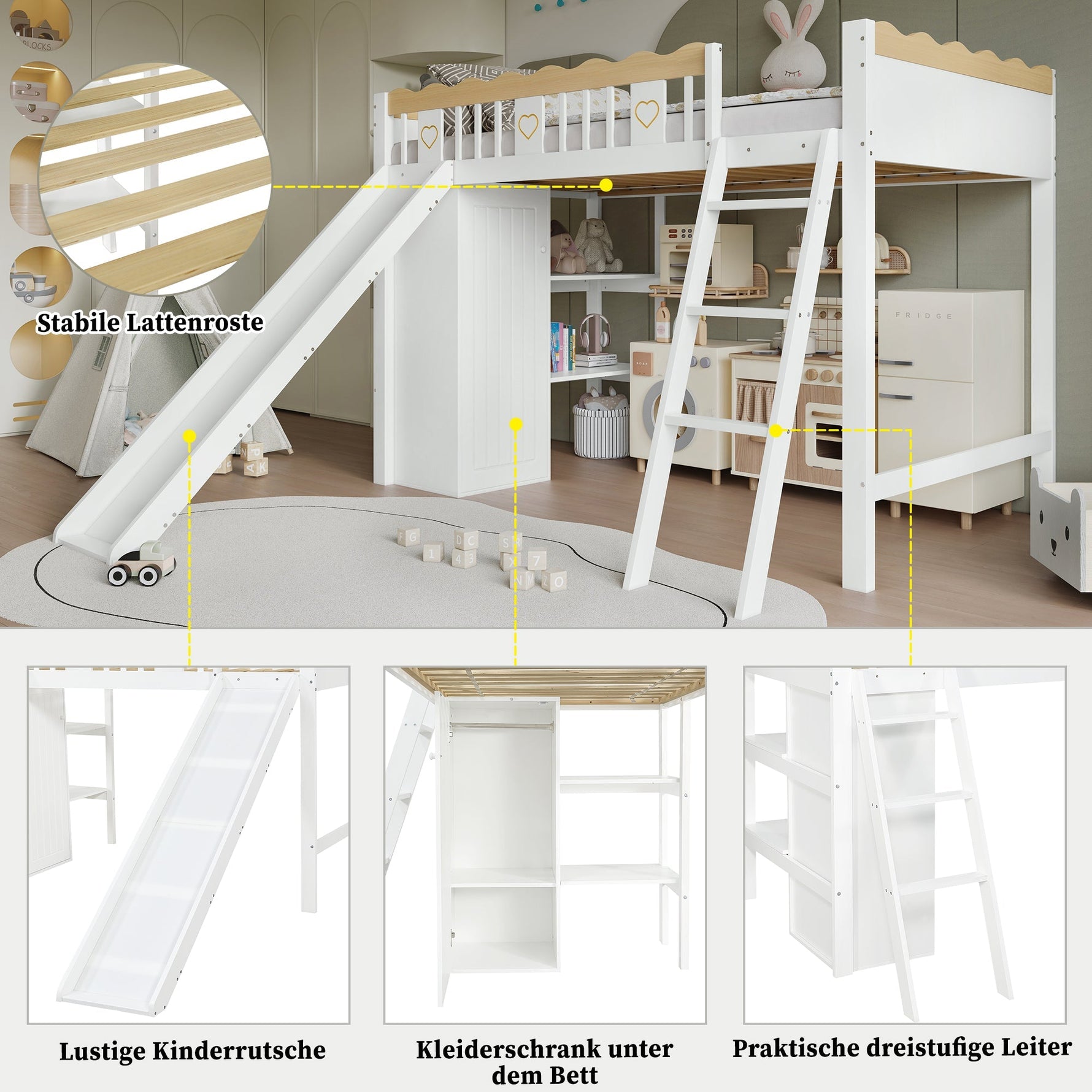 Loft Bed with Slide & Storage, Pine + MDF + Plywood, White + Natural