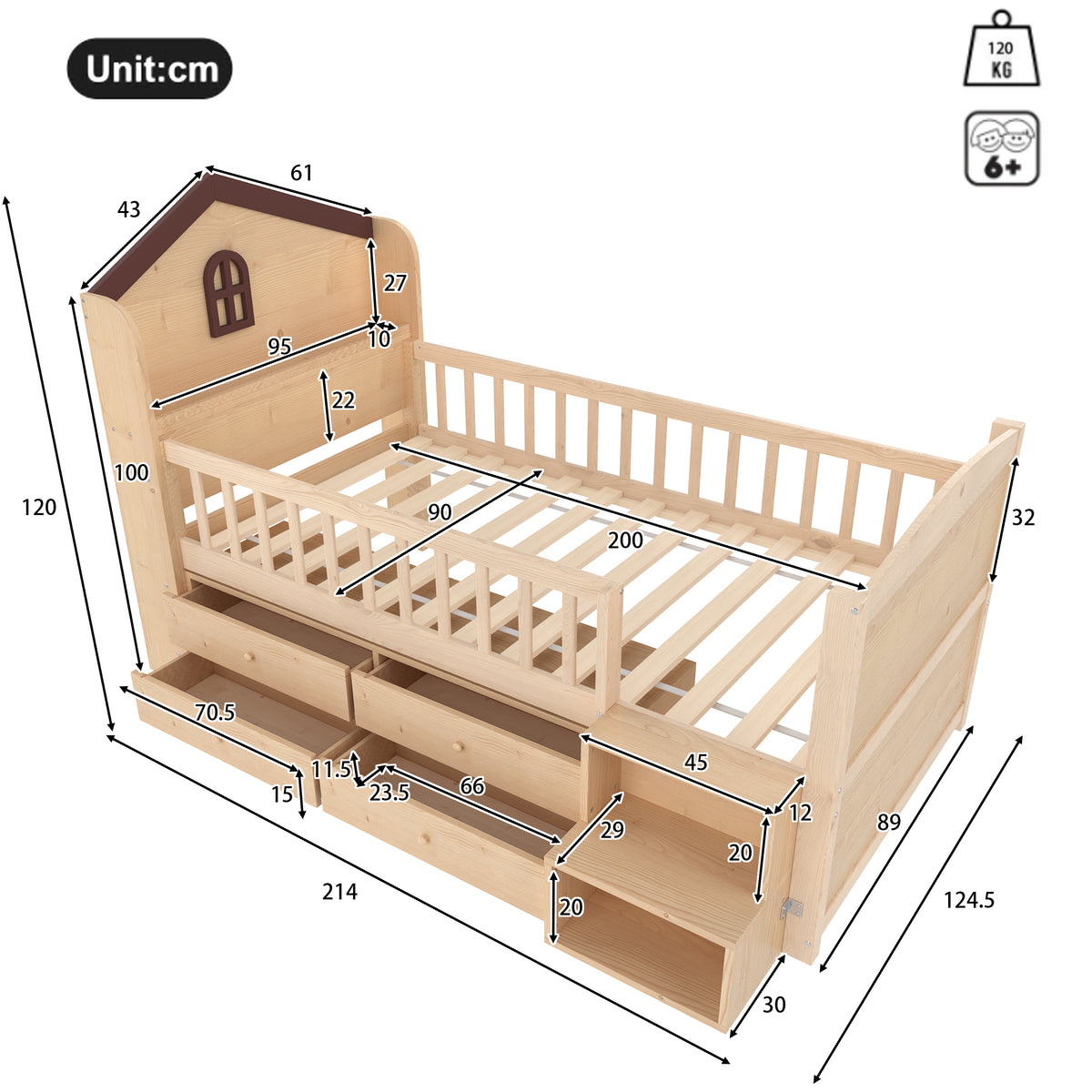 Mid-Height House Bed 90x200cm with Drawers & LED, Natural Wood