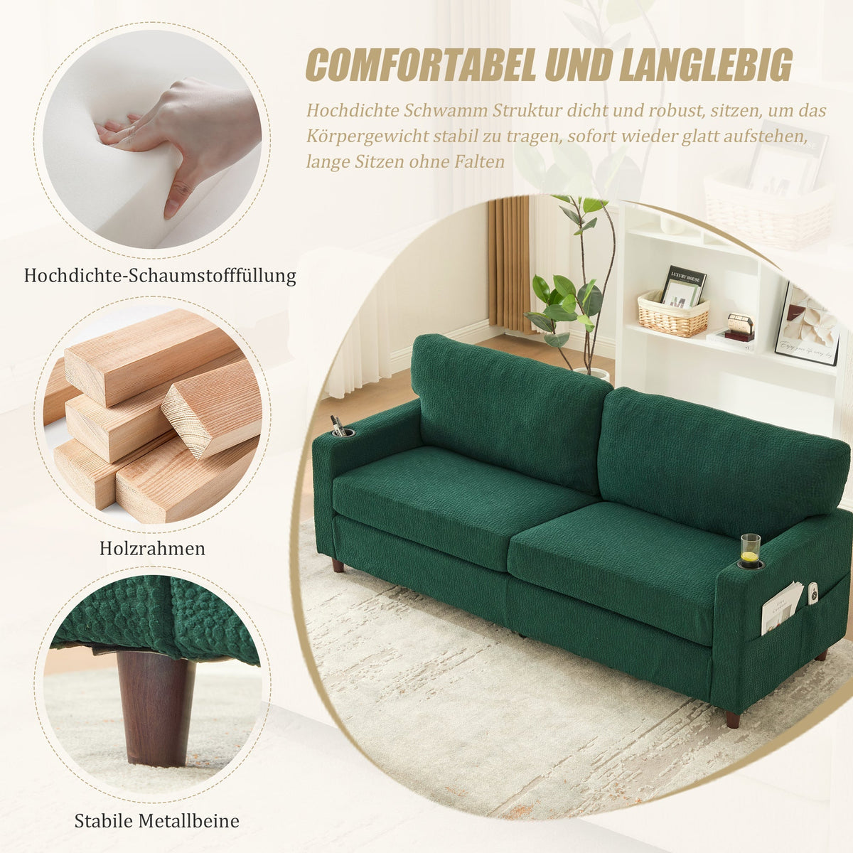 2-Seater Sofa Modern USB-C LED Cup Holders Side Pockets - Emerald Chenille