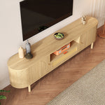Modern TV Cabinet, Rattan Drawers Open Compartments Rounded Top, Wood Look Metal Legs