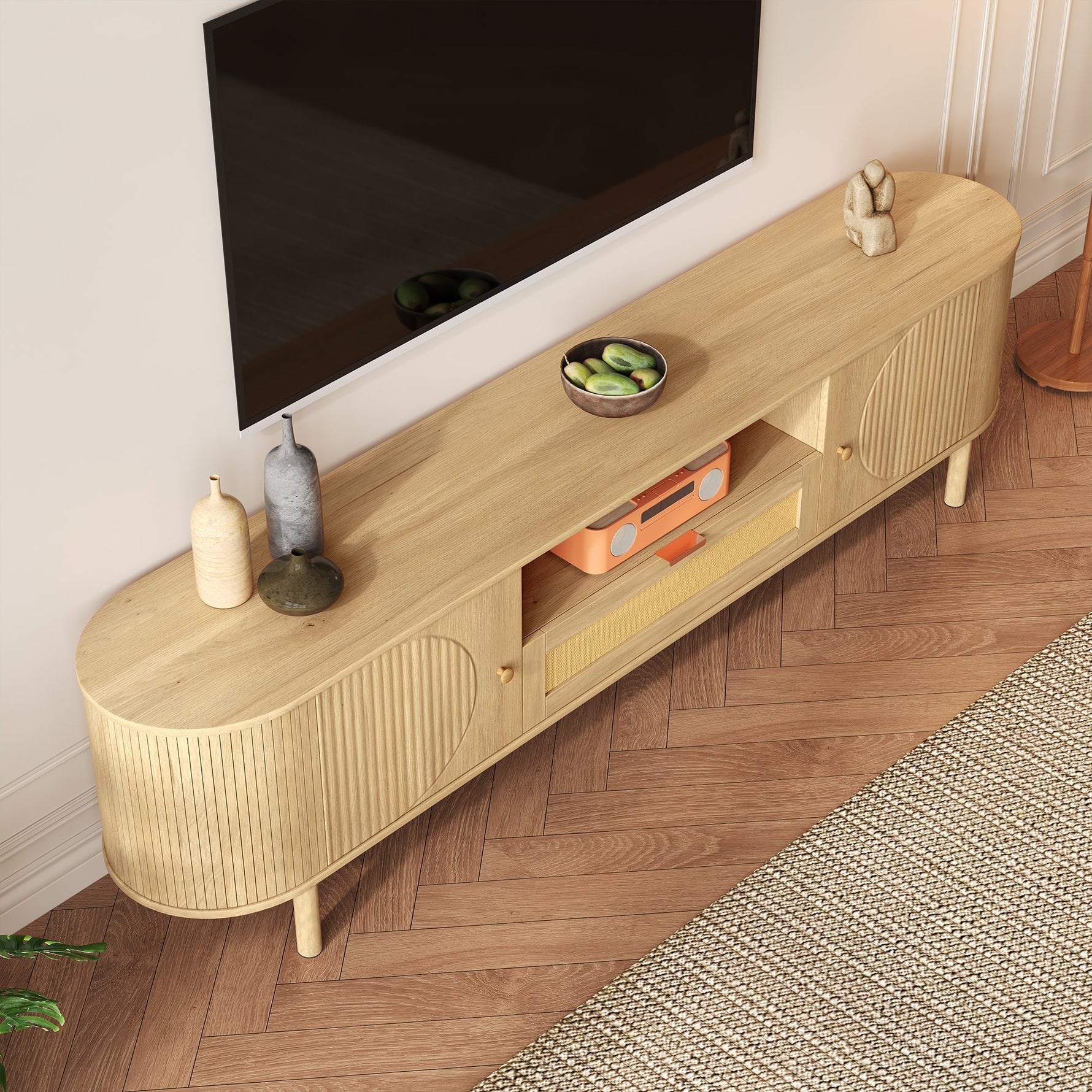 Modern TV Cabinet, Rattan Drawers Open Compartments Rounded Top, Wood Look Metal Legs
