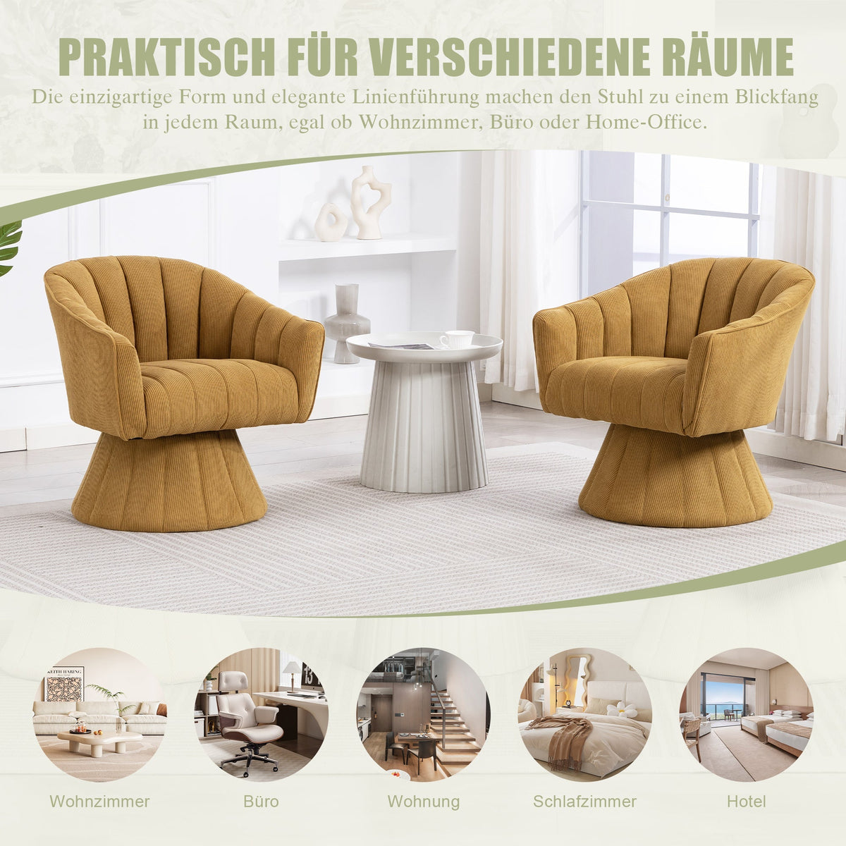 360° Swivel Chair with Ergonomic Cushions and Wraparound Armrests, Mustard Yellow