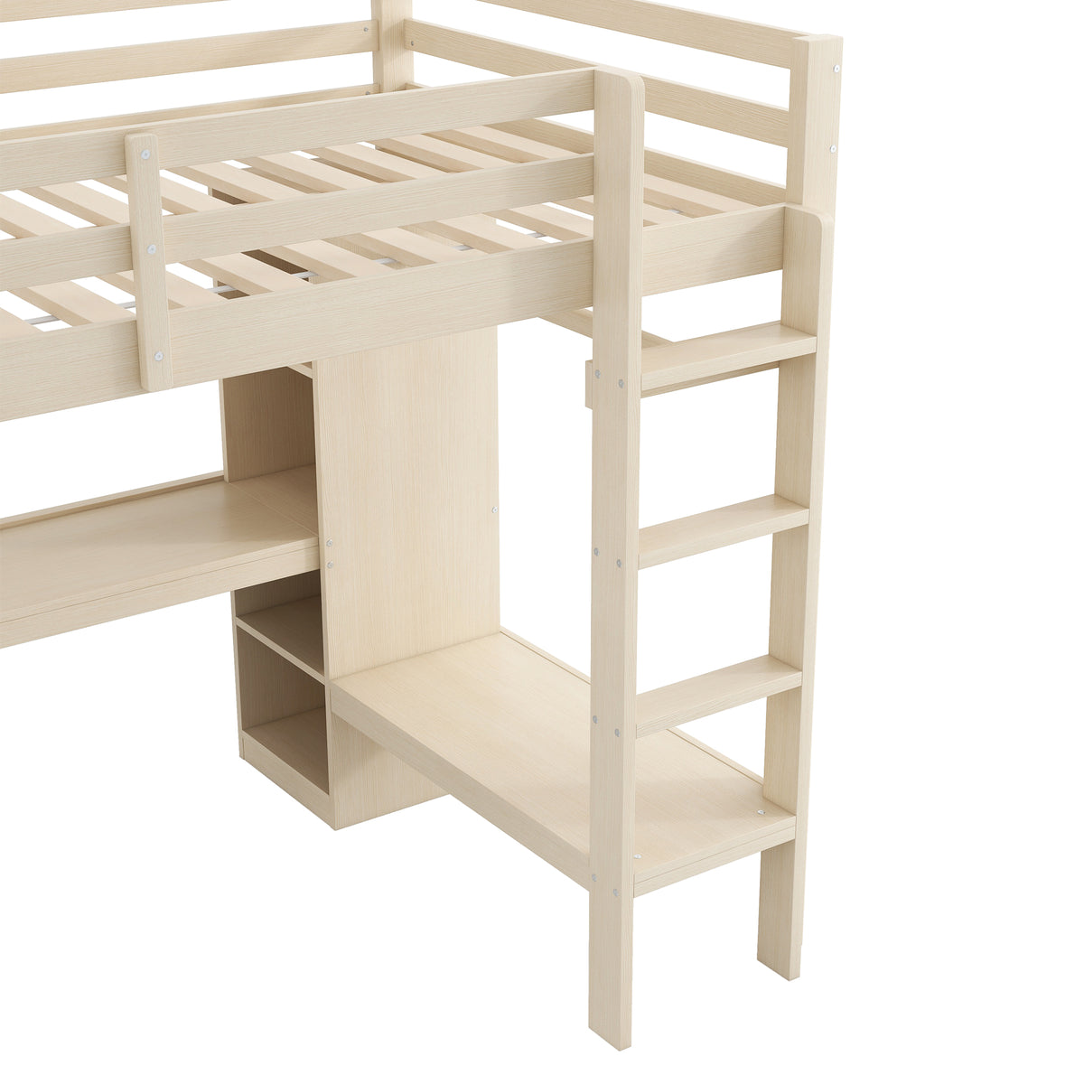 Loft Bed 140x200 with Desk, Shelves, LED & USB Port - Natural