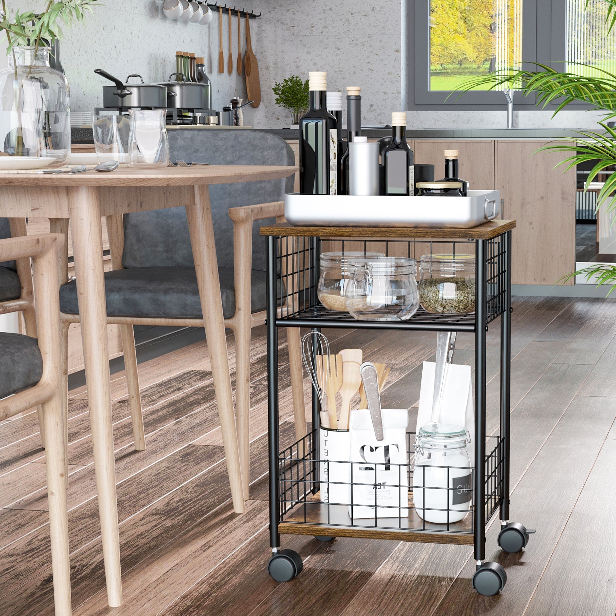 Kitchen Cart with Worktop, 2 Storage Baskets, 360° Swivel Casters, Rustic Brown