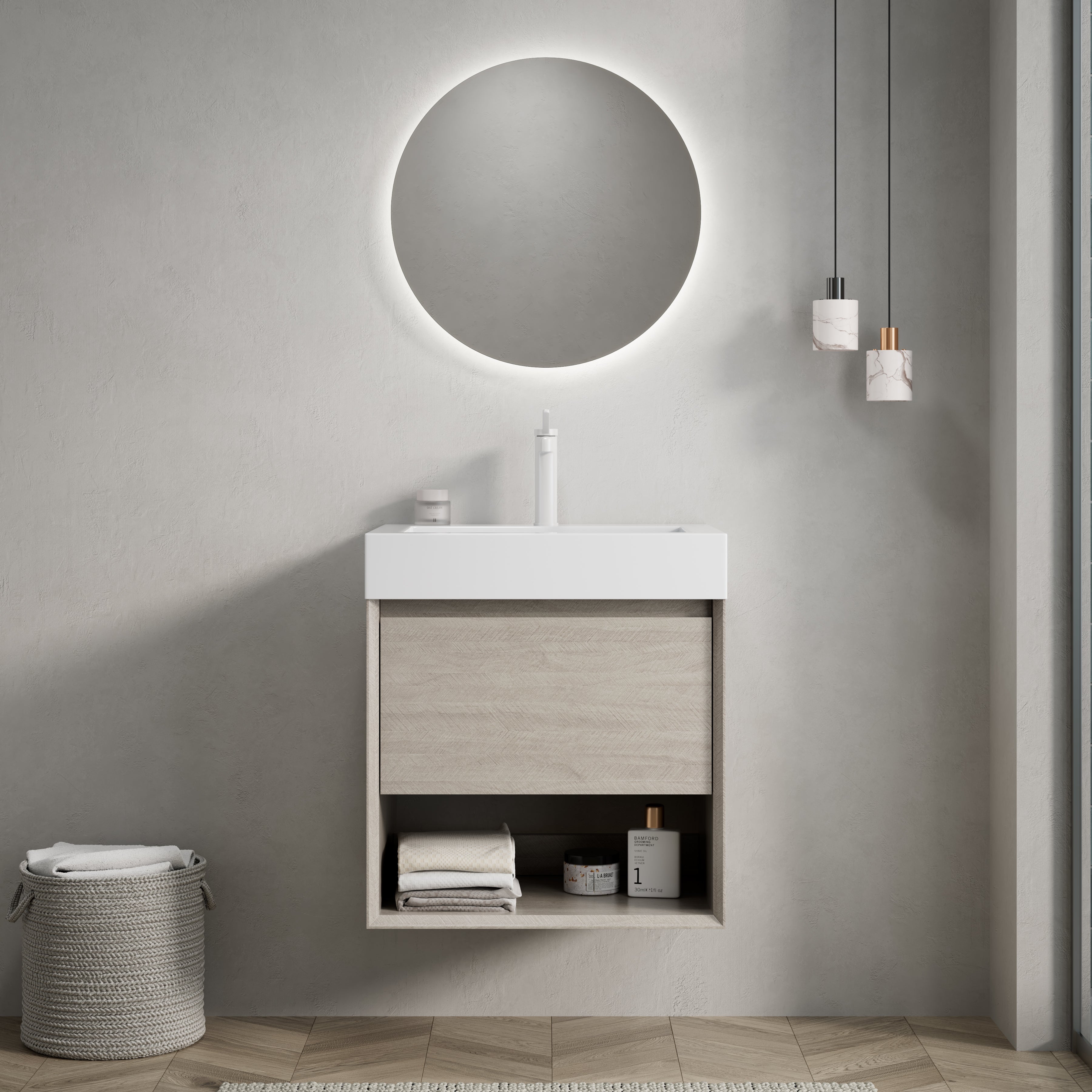 Wall-Mounted Bathroom Vanity Unit with Resin Basin and Storage, Light Oak Wood Grain Plywood