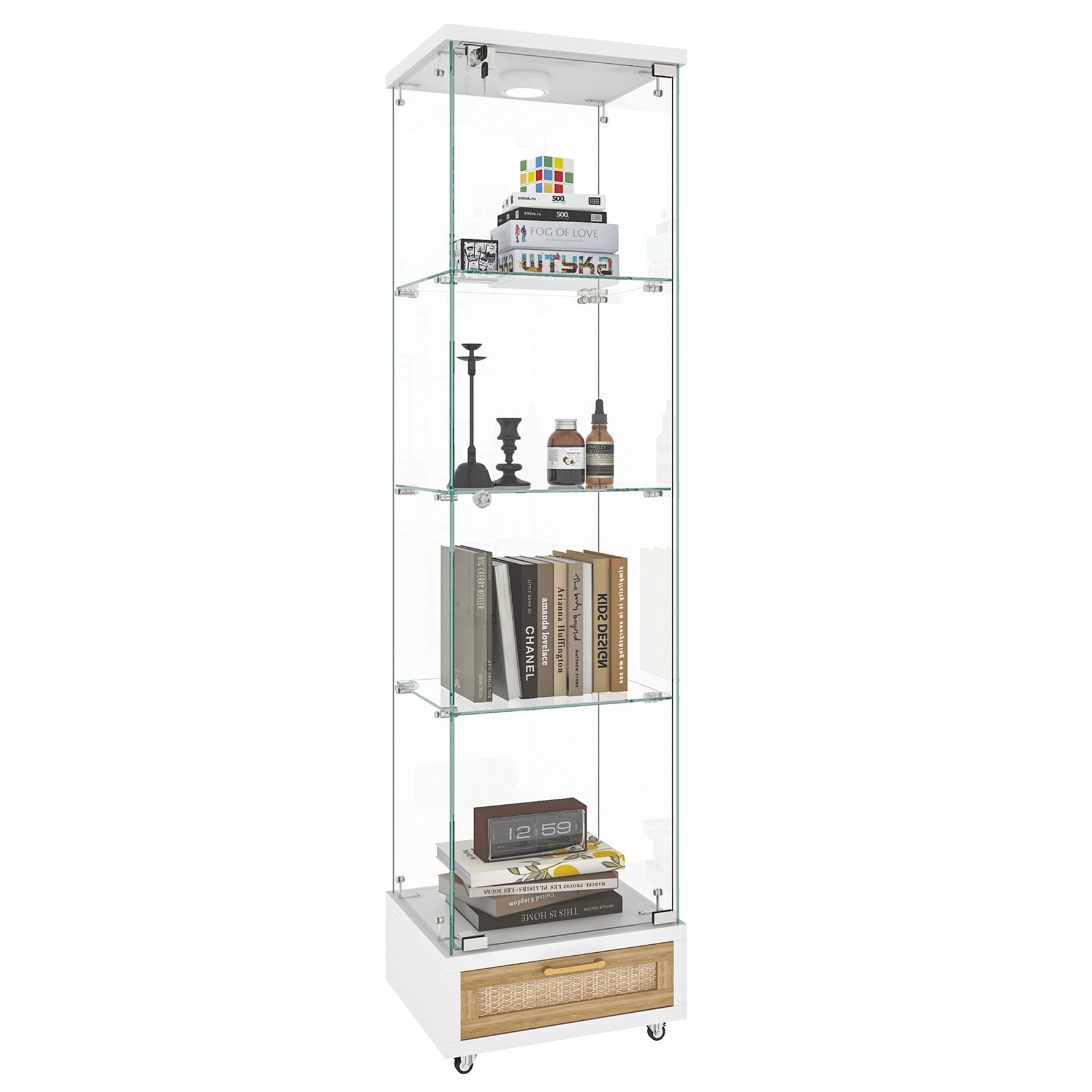 Modern Glass Display Cabinet LED Lights Drawers 4 Shelves - White