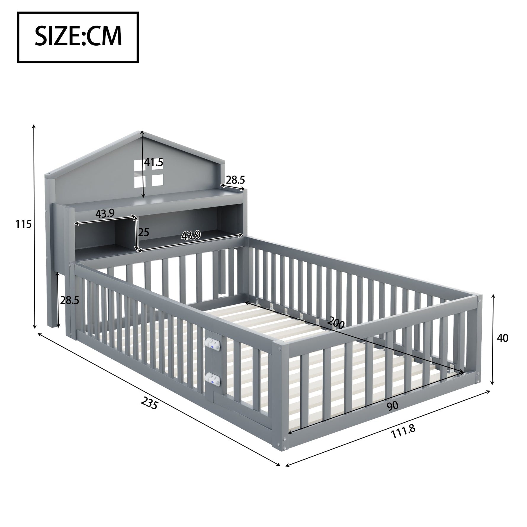 Children's Bed 90 x 200, Solid Wood Frame with Shelves, Storage, Safety Gate & Picture Rail, Grey