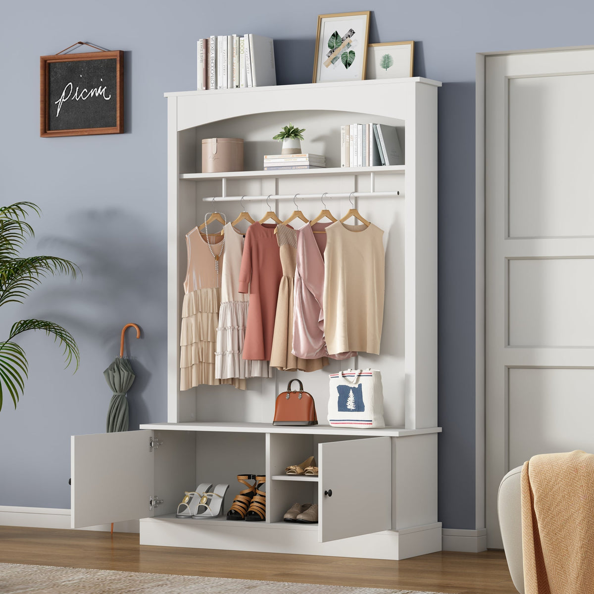 Entryway Cabinet Coat Rack Shoe Bench Storage Adjustable Shelves, White