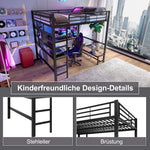 Loft Bed with Desk, USB Sockets, LED Strip and Pegboard, Black Metal Frame