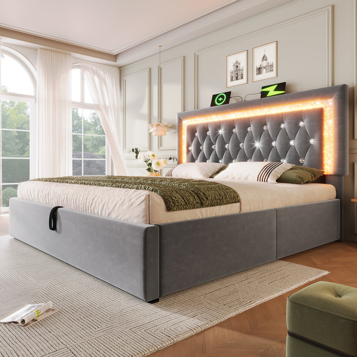 Upholstered Bed 160x200cm with LED & Storage, Grey Velvet