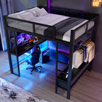 Metal Play Loft Bed with USB, LED, Desk and Wardrobe, 140x200cm, Black Metal