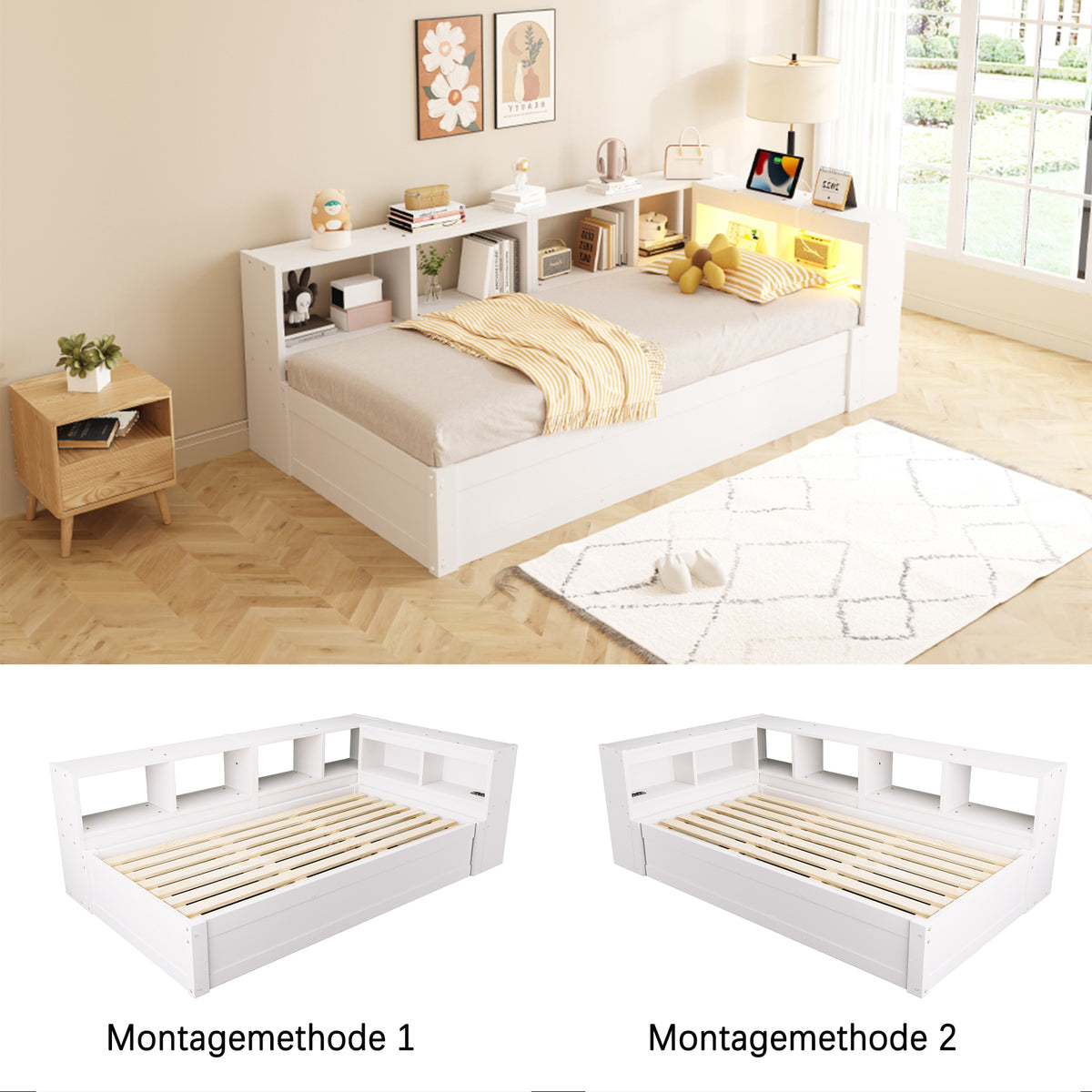 Sofa Bed 90x200 cm with Hydraulic Storage & LED - White