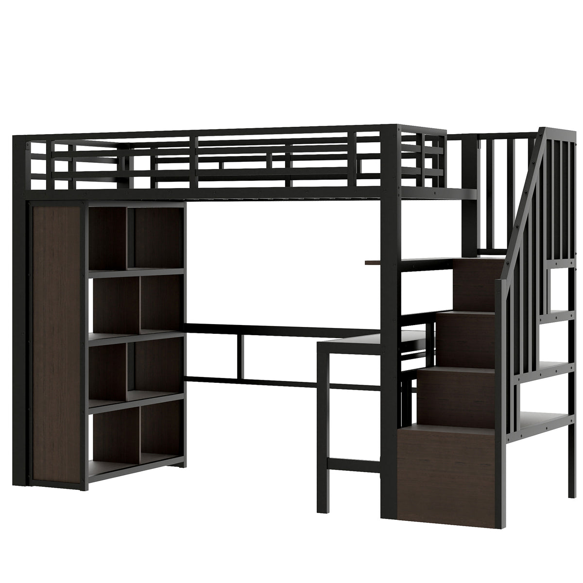 Loft Bed 90x200 cm with Desk, Storage & LED, Black Iron Frame