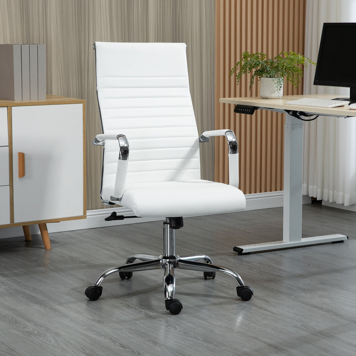Office Chair, Ergonomic Rocking Swivel Casters Steel Legs Faux Leather, White