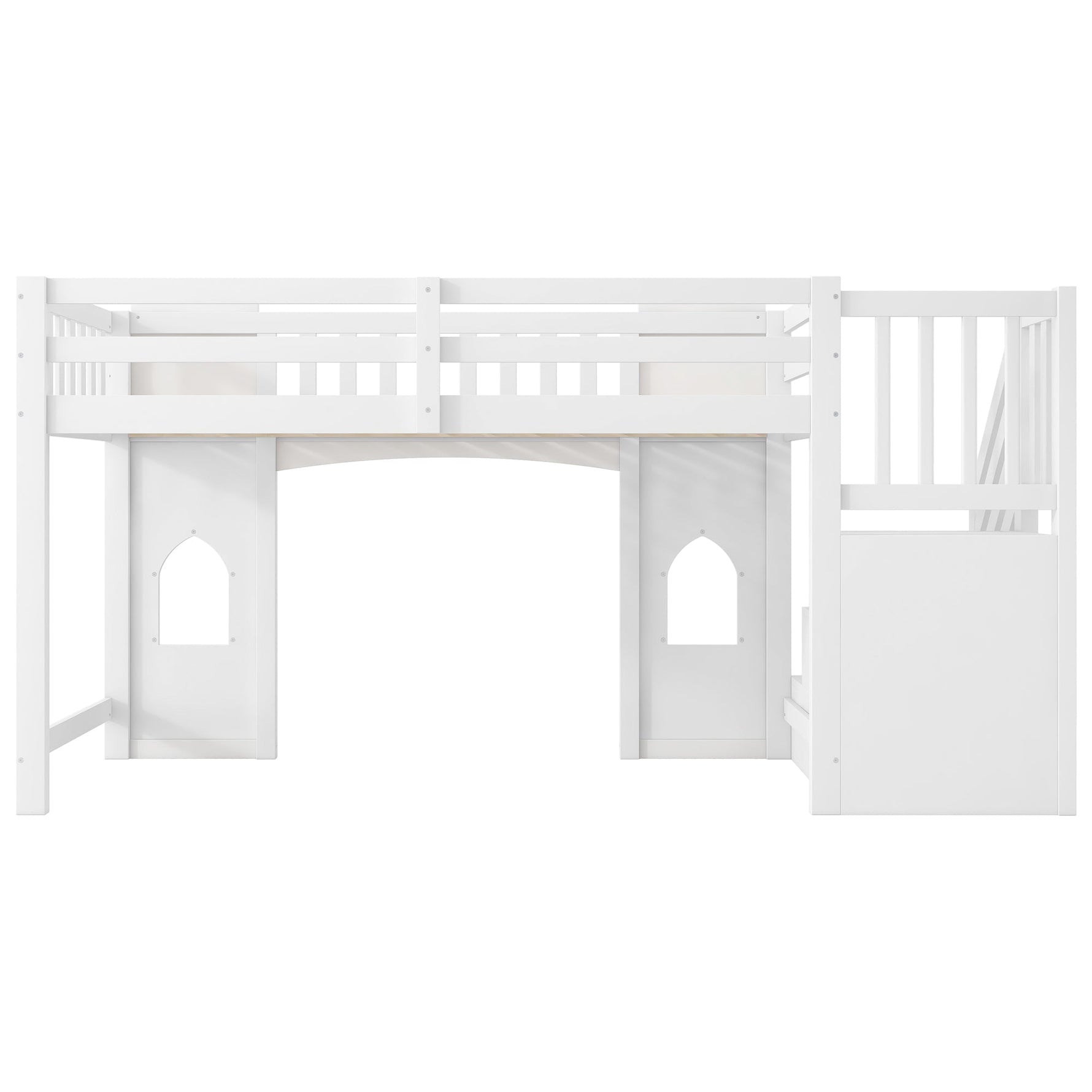 Loft Bed with Storage Stairs and Window, 90x200cm, White Pine Wood + MDF