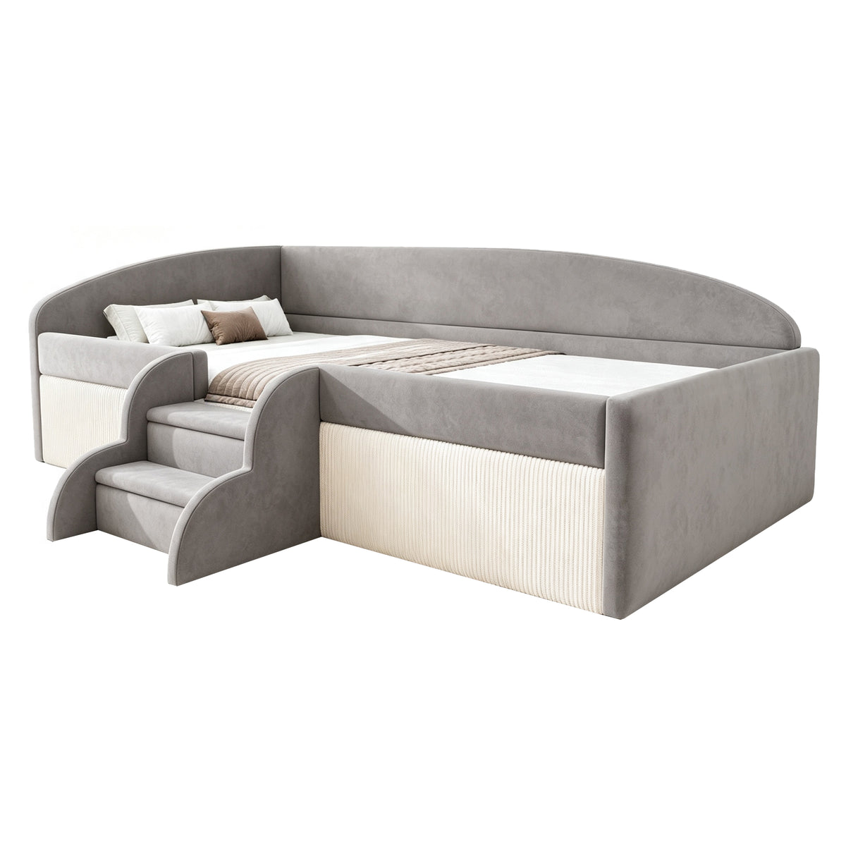 Upholstered Children's Bed 90x190cm with Steps, Grey Velvet