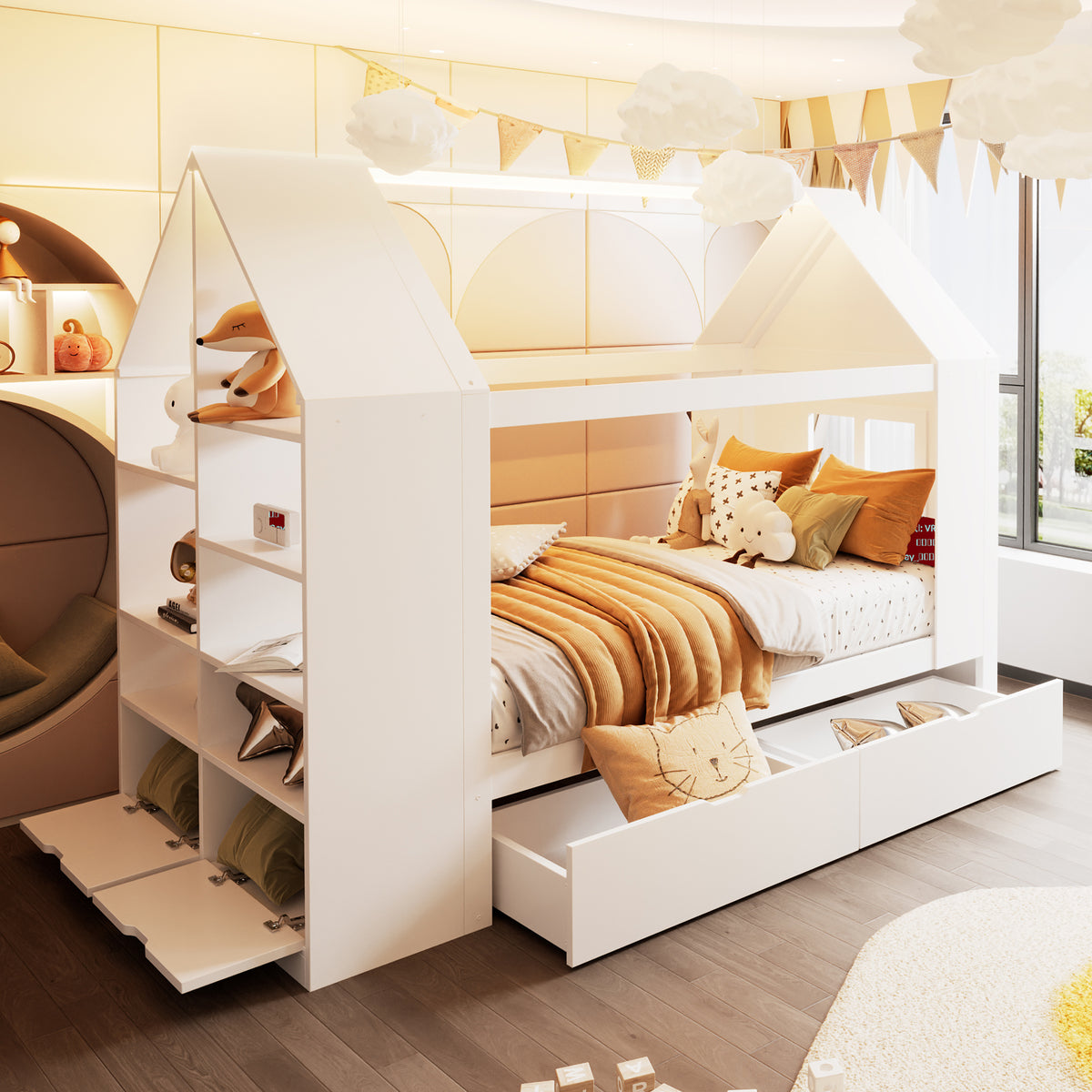 House Bed 90x200cm with 2 Drawers & LED Lighting, White