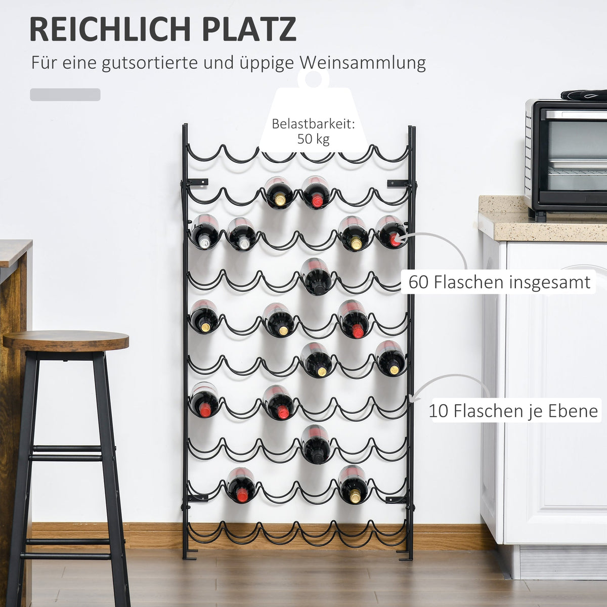 Wine Rack, 60 Bottles Wall-Mounted Metal, Black