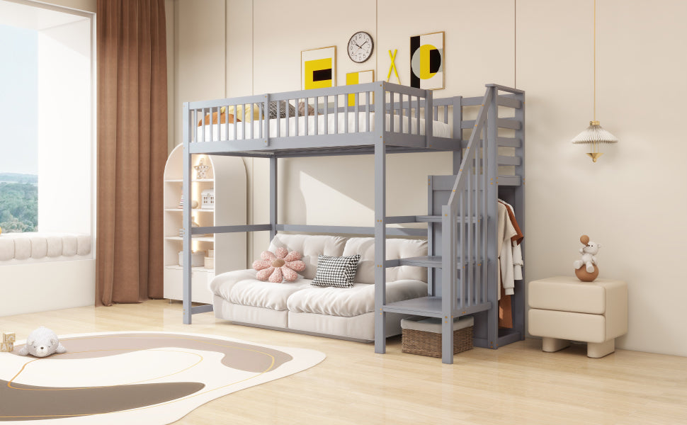 Loft Bed 90x200 with Stairs Storage Shelf Wardrobe Wooden Grey