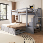 Bunk Bed with Pull-out Bed, Storage Ladder and Drawers, 90x200cm, Grey Wood