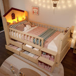 Mid-Height House Bed 90x200cm with Drawers & LED, Natural Wood