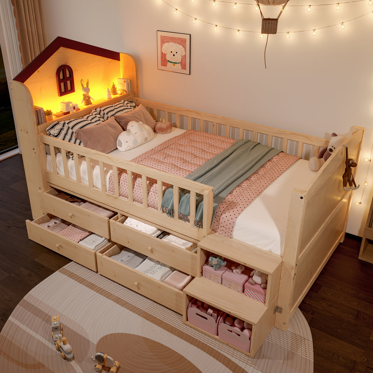 Mid-Height House Bed 90x200cm with Drawers & LED, Natural Wood