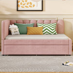 L-shaped Upholstered Bed, Sofa Bed 140x200cm with Pull-Out Bed, Pink Velvet