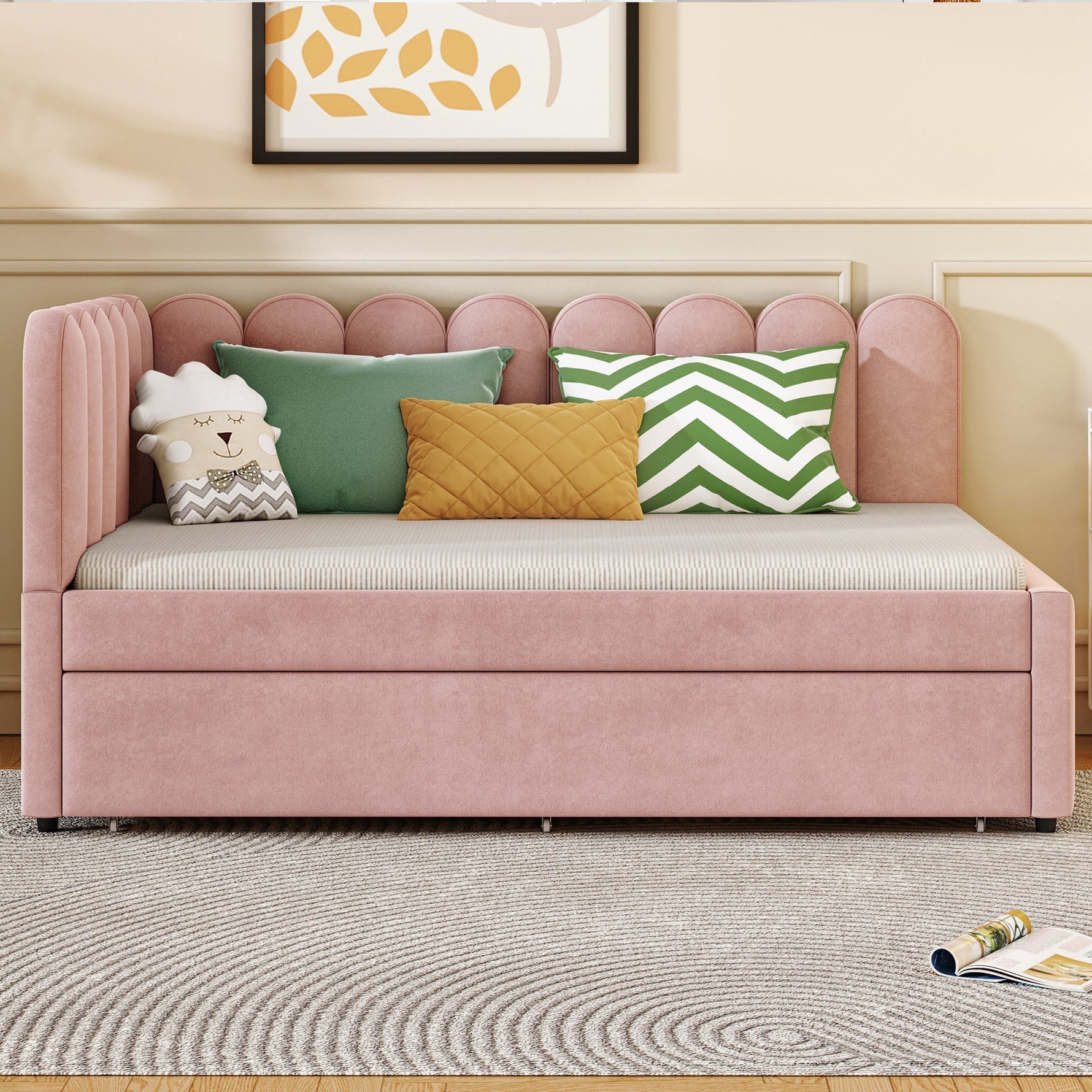 L-shaped Upholstered Bed, Sofa Bed 140x200cm with Pull-Out Bed, Pink Velvet