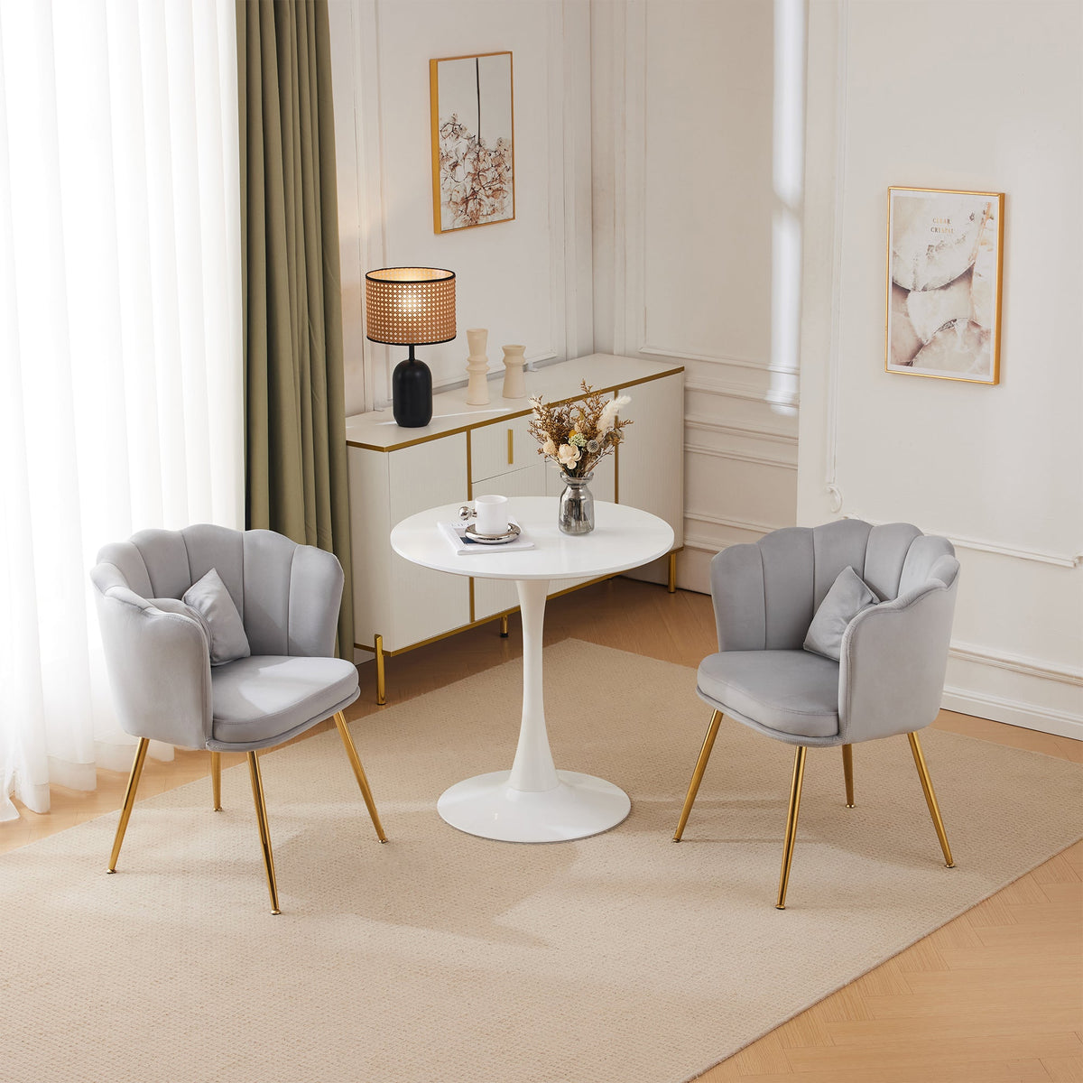 Velvet Chairs, Set of 2 Modern Upholstered with Petal Backs & Butterfly Cushions, Gold Metal Legs