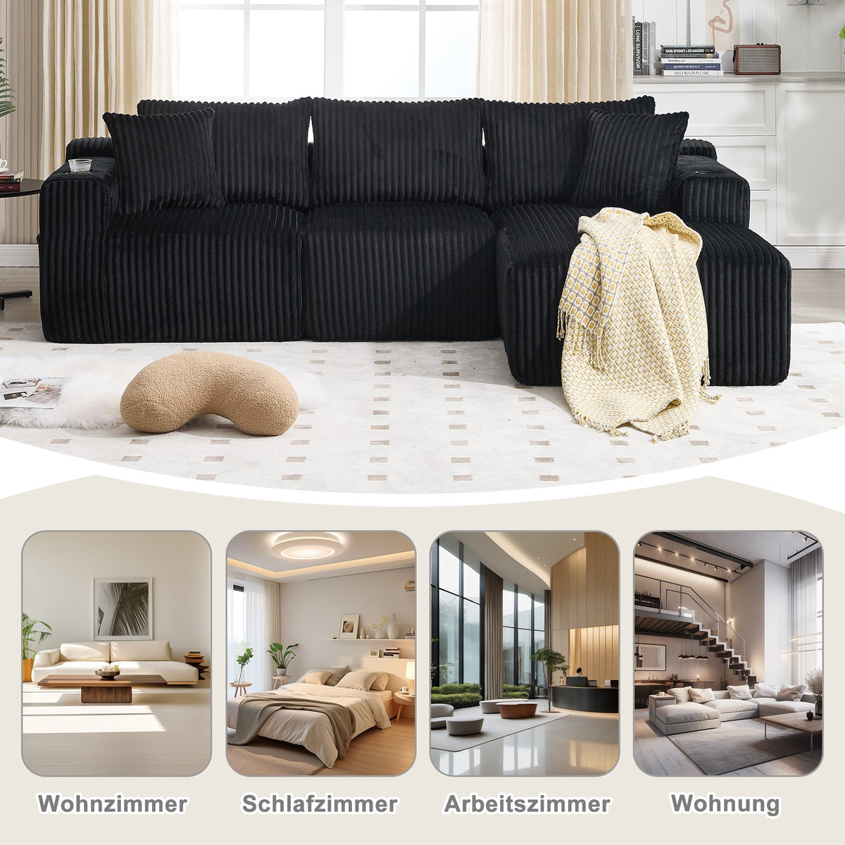 Modular Sofa Set Chaise Longue & 2-Seater with Pockets, Corduroy Fabric